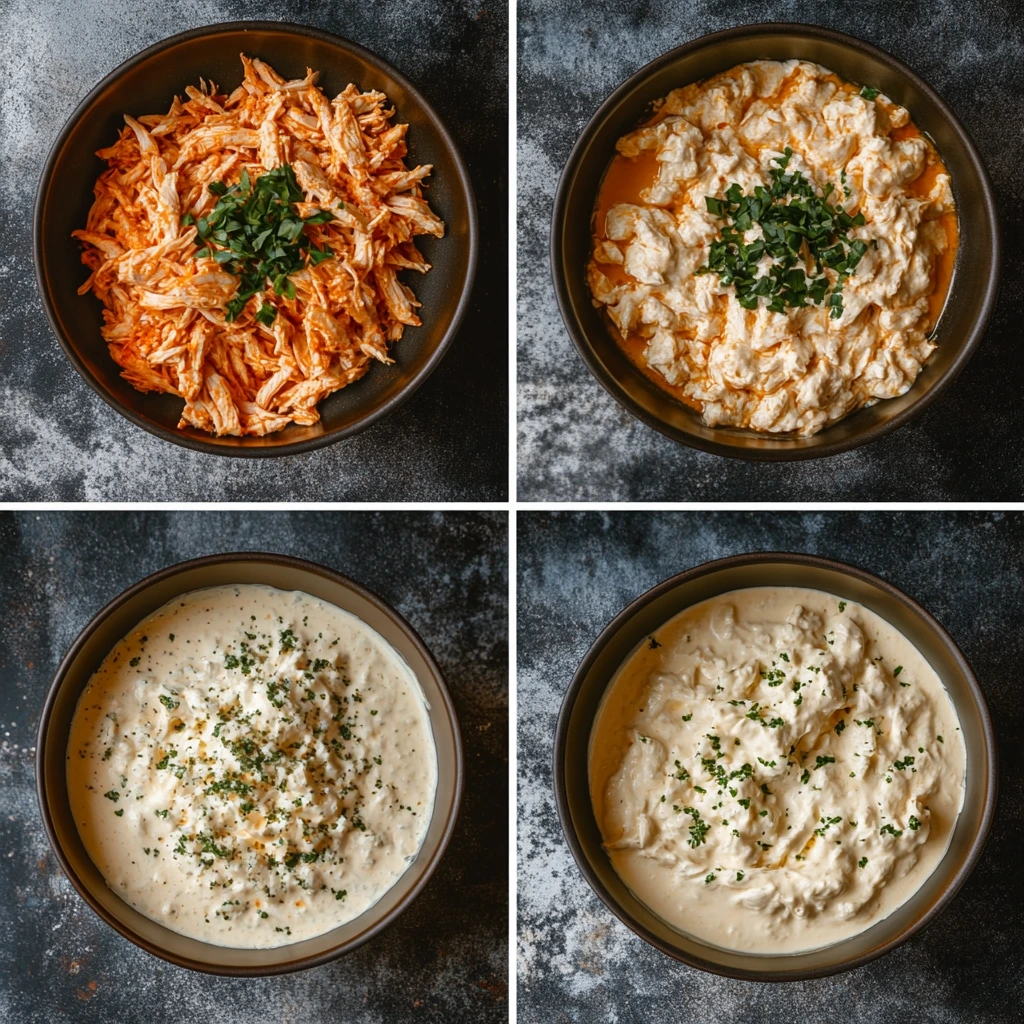 autéing chicken, pressure cooking, shredding, mixing with cream cheese, and the final creamy dip served with garnishes.