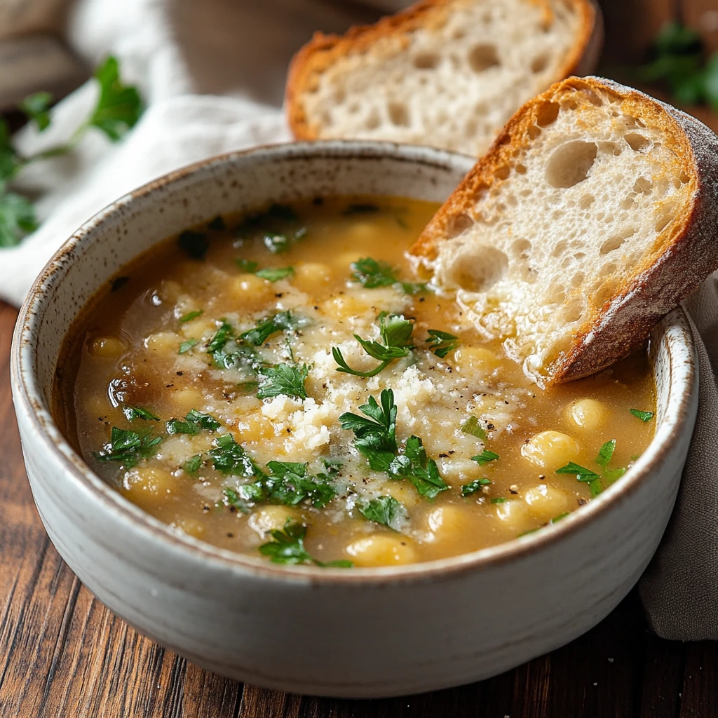 A beautifully garnished bowl of Chickarina soup served with a slice of crusty bread.