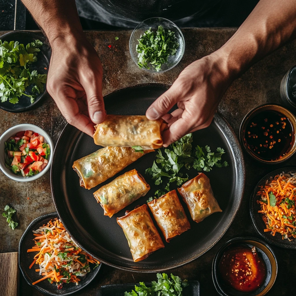 Hands serving crispy egg rolls onto a plate with sauces nearby.