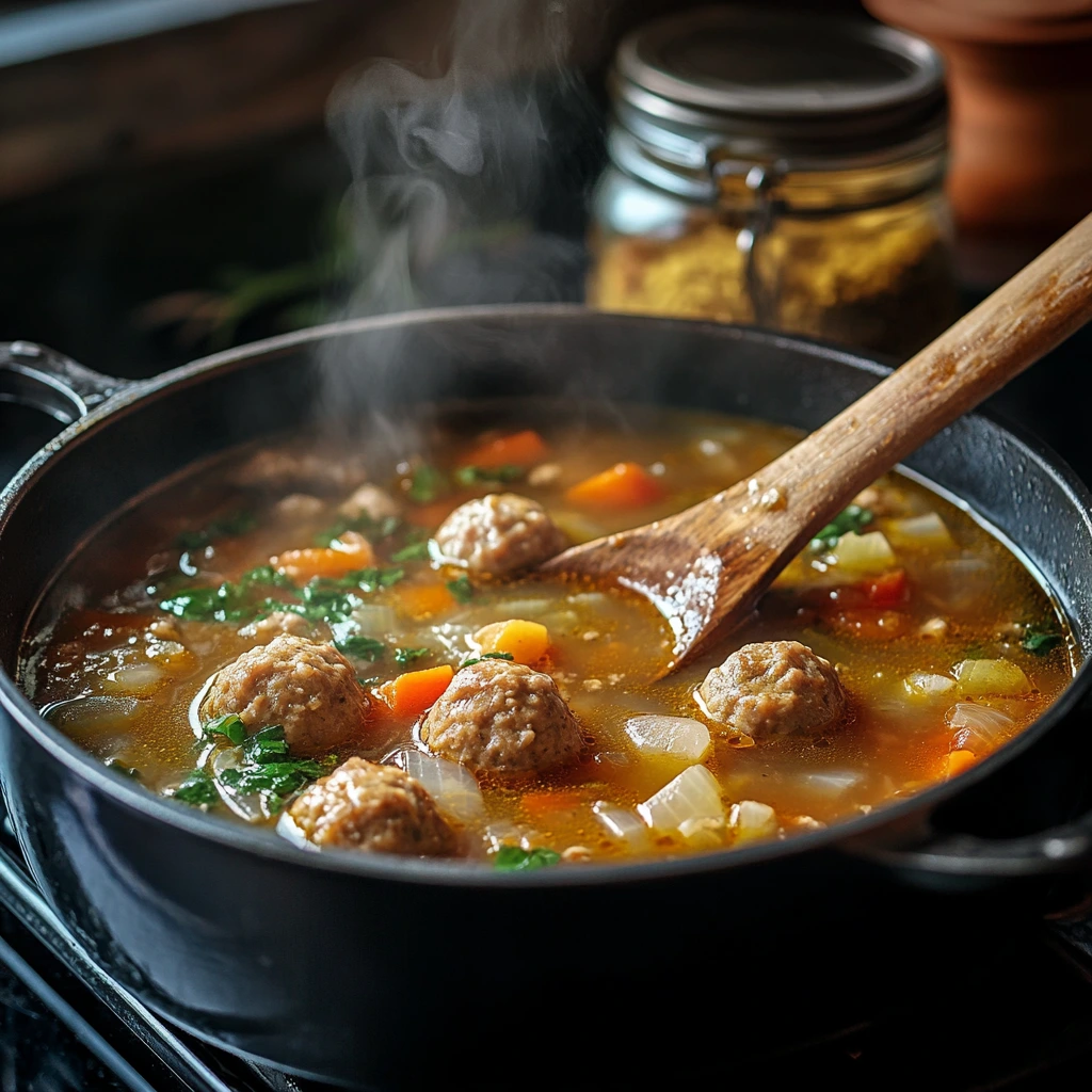 Pot of Chickarina soup cooking on a stovetop.