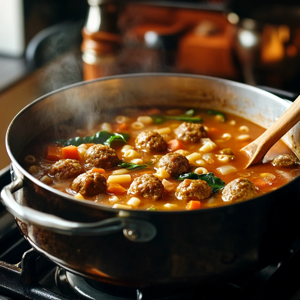 A pot of simmering Chickarina soup with visible meatballs, pasta, and vegetables.