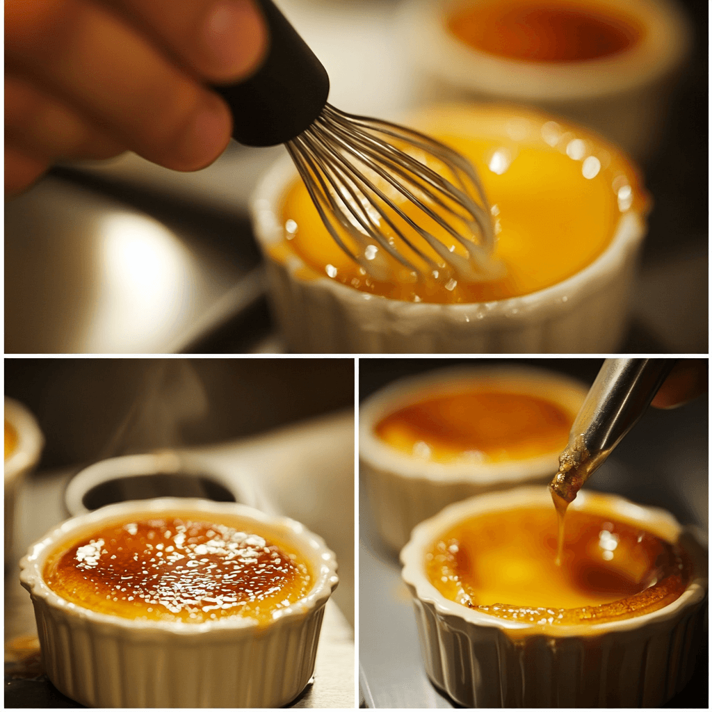 Step-by-step process of making crème brûlée, from whisking yolks to caramelizing sugar with a torch.