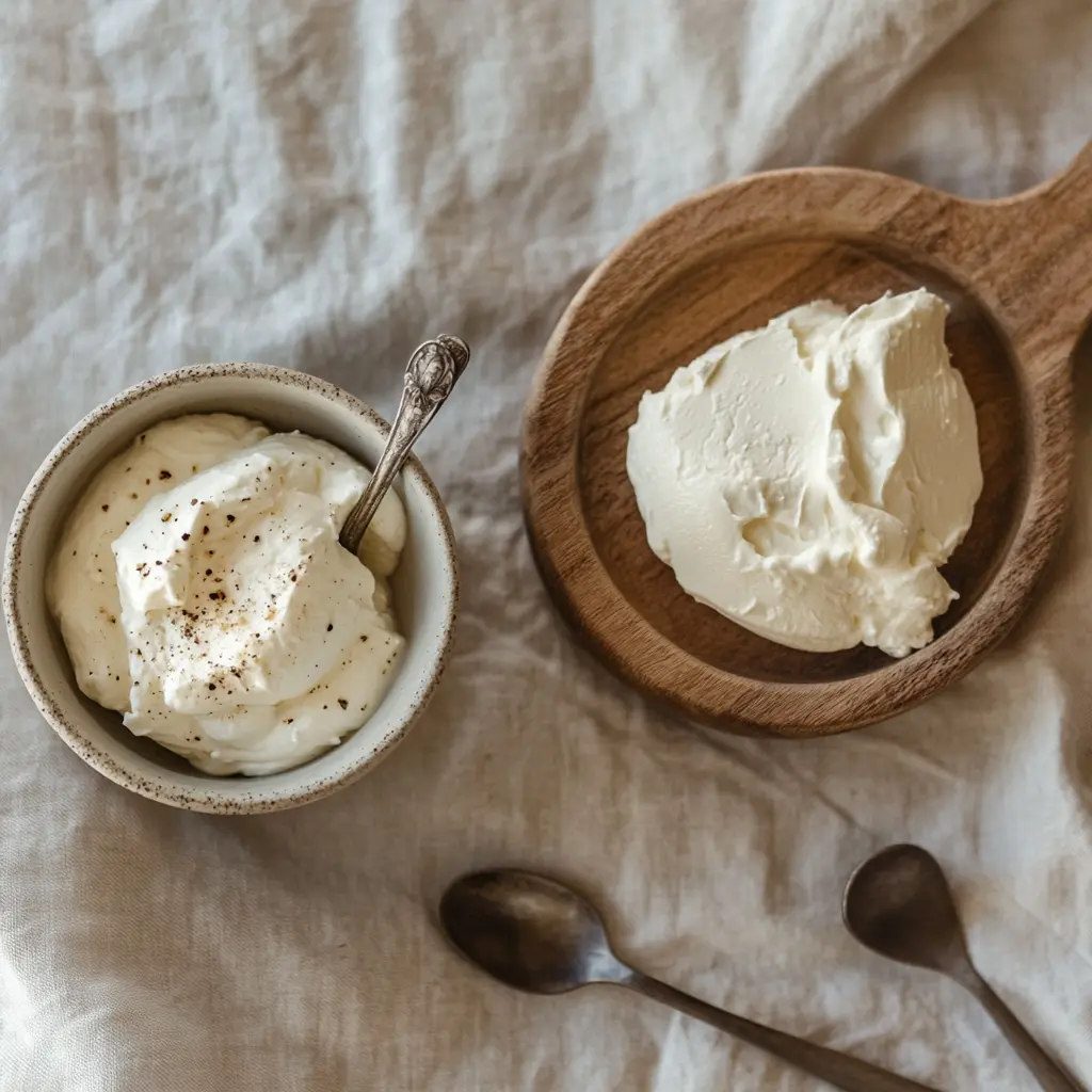 Mascarpone and cream cheese on separate wooden boards with spoons.