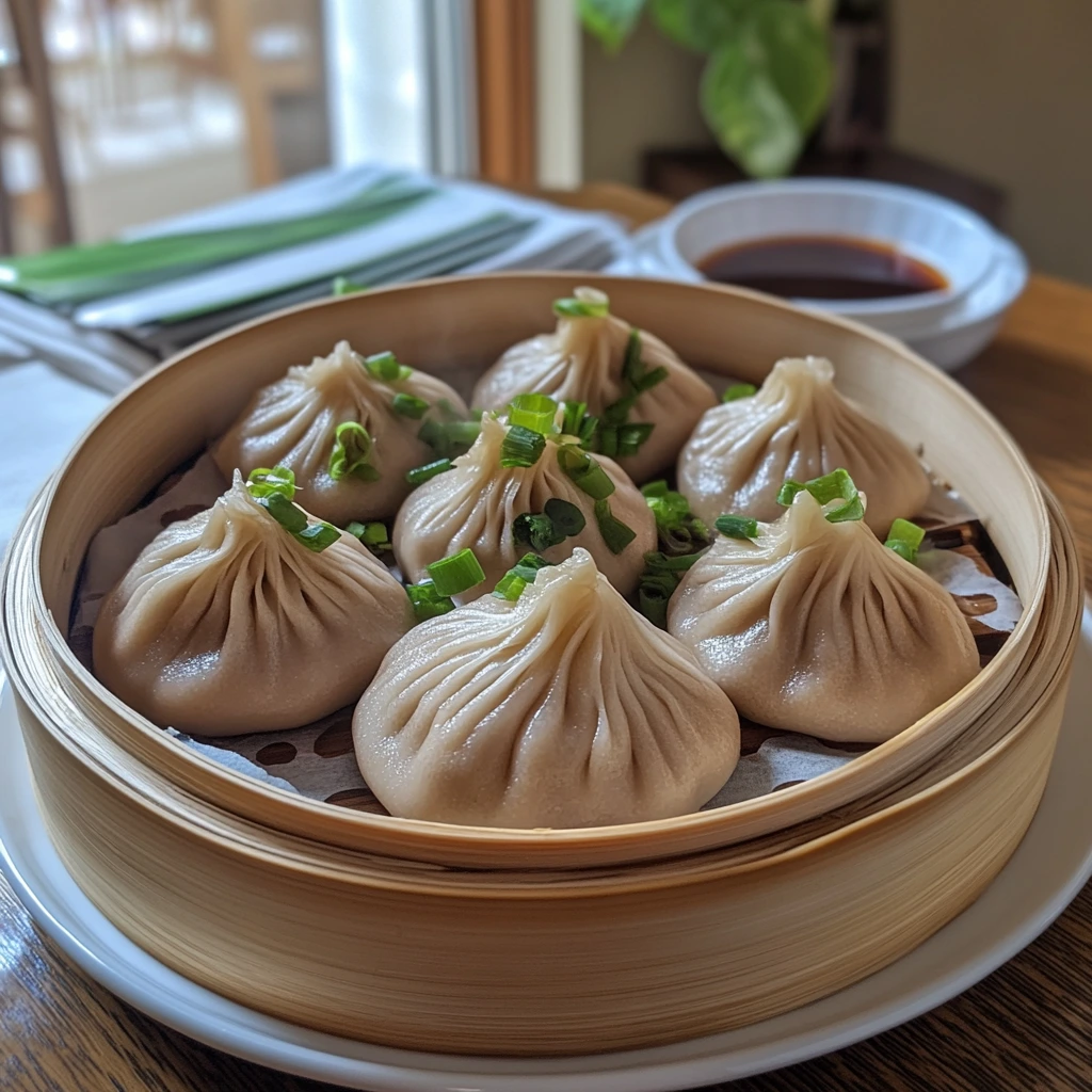 Vegan Soup Dumplings in a Bamboo Steamer