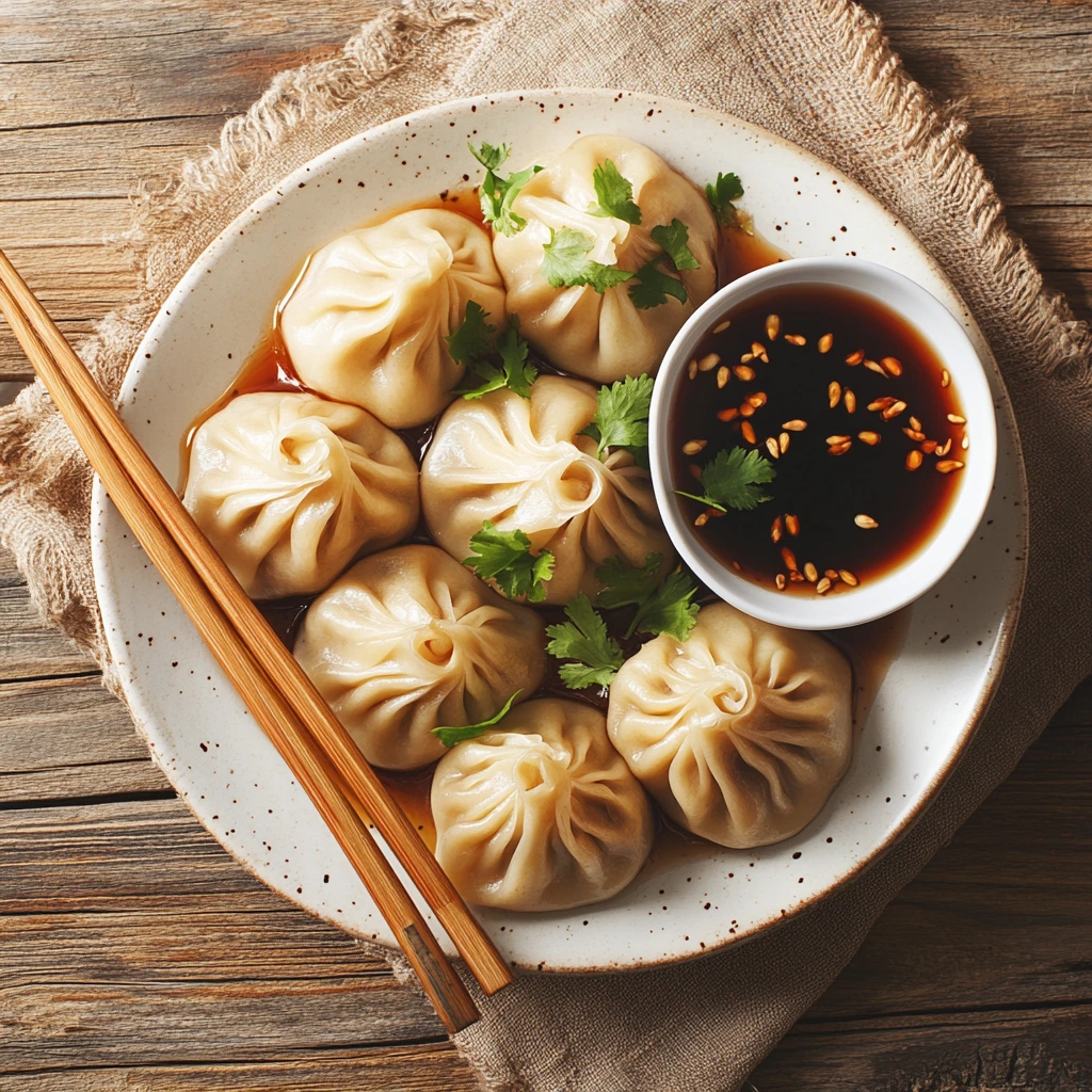 Vegan soup dumplings in a bamboo steamer.