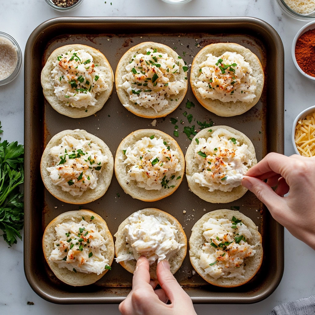 Crabbies being prepared, with the creamy crab mixture being spread over English muffin halves.