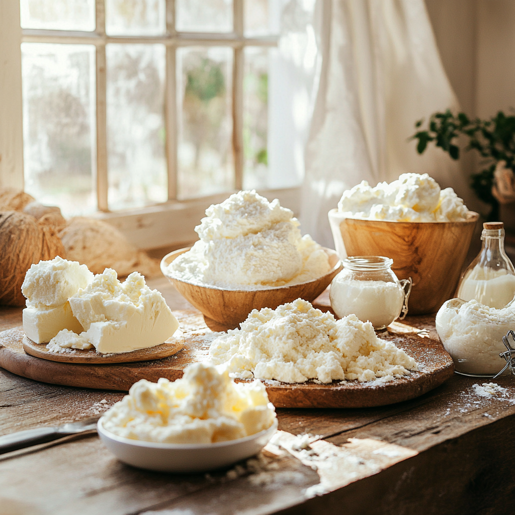 Various mascarpone substitutes like cream cheese, ricotta, and coconut cream on a table.