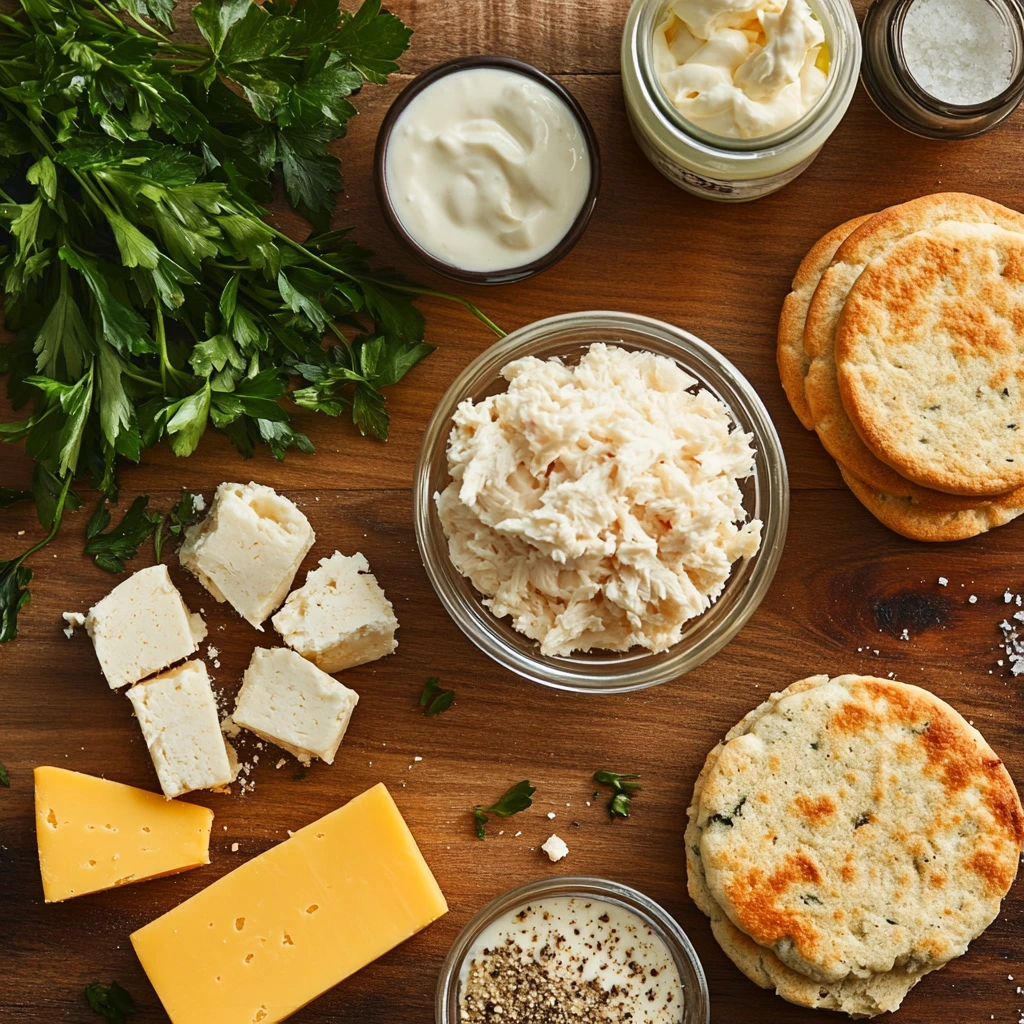 Key ingredients for crabbies, including crabmeat, cheese, mayonnaise, and English muffins, displayed on a kitchen countertop.