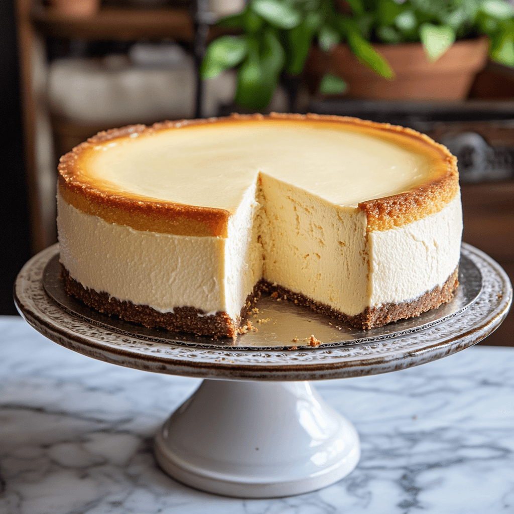 A whole New York cheesecake on a cake stand