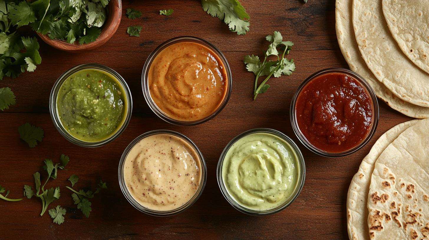 A variety of breakfast burrito sauces in small bowls.