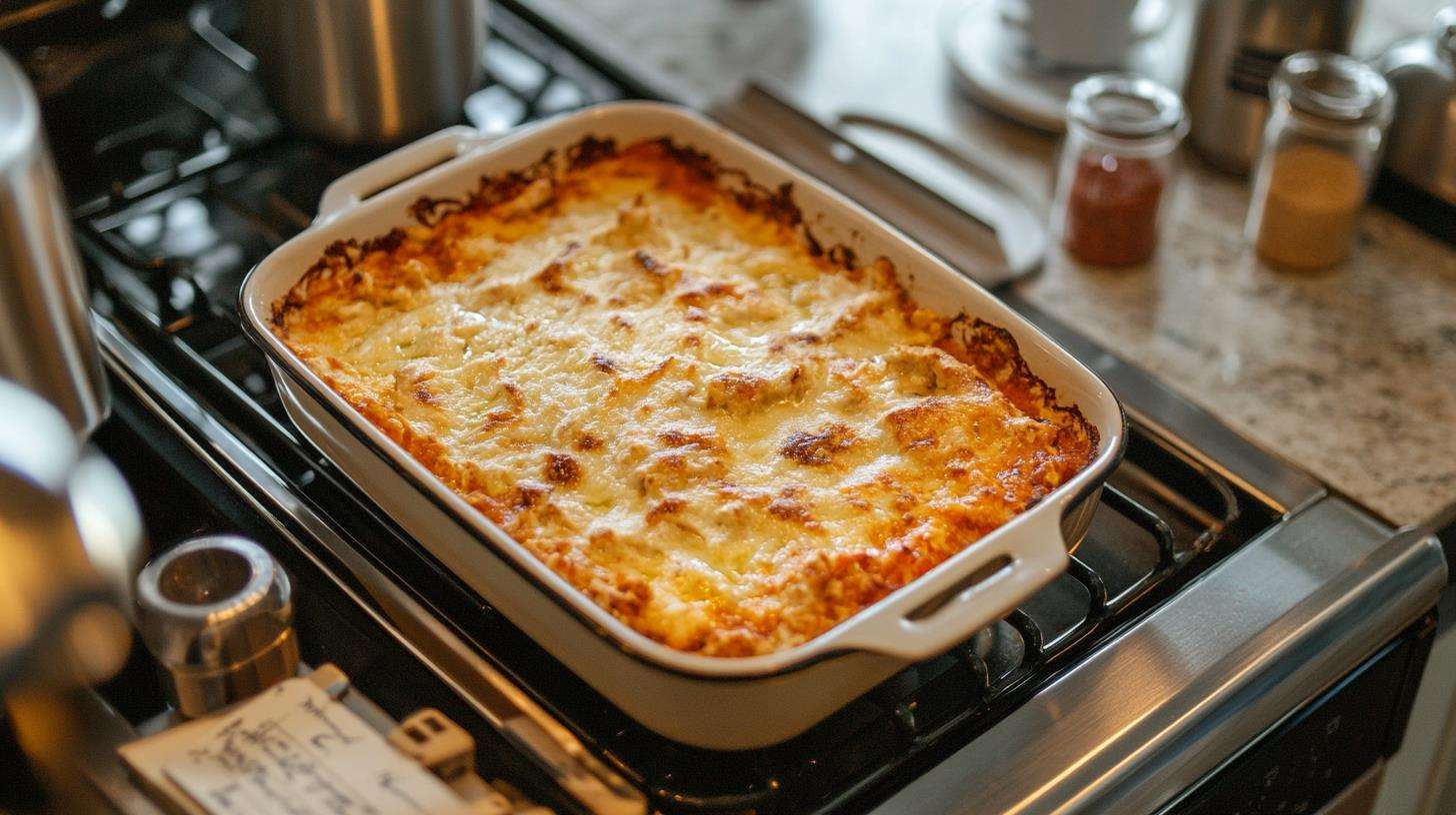 Baking Buffalo chicken dip with cottage cheese in an oven.