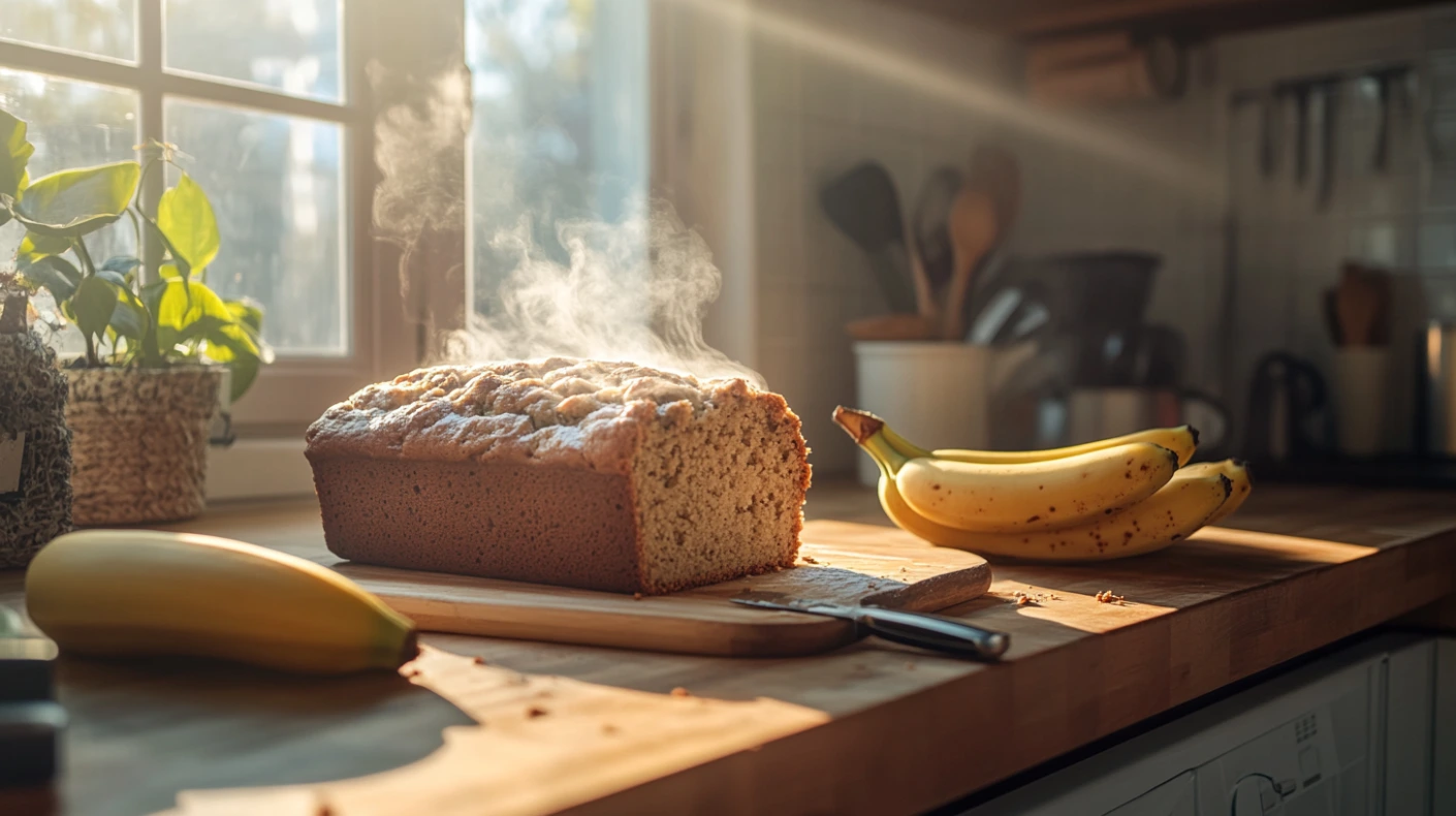 Freshly baked banana bread with two ripe bananas in a cozy kitchen.