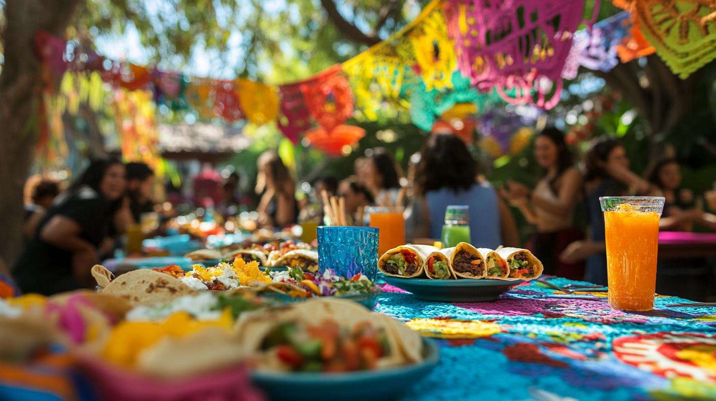 Guests enjoying breakfast burritos at an outdoor event.