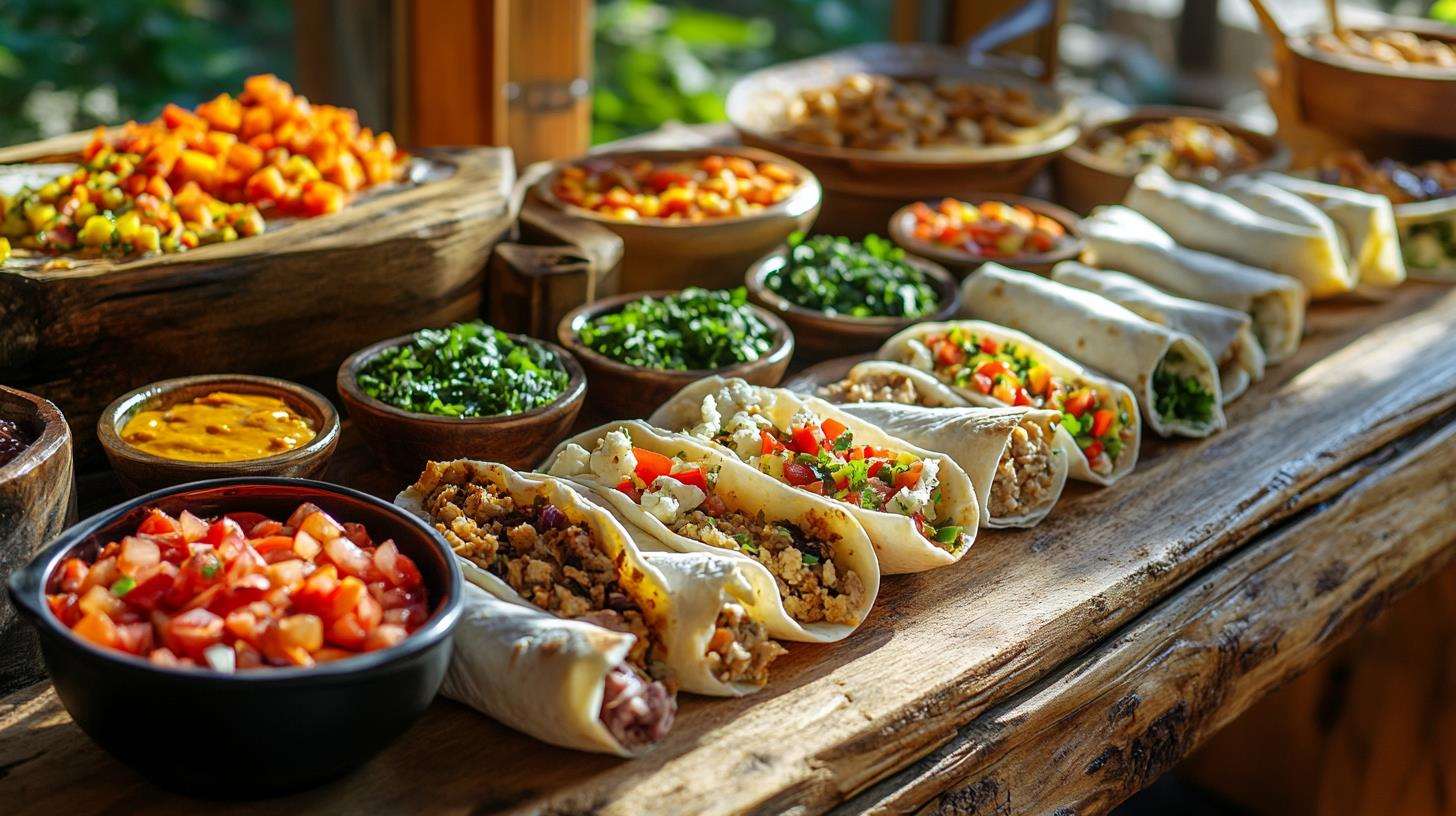 A Breakfast Burrito Catering buffet setup with a variety of fillings and toppings.