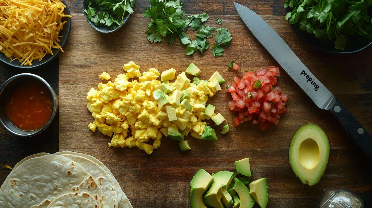 Key ingredients for breakfast burritos, including diced potatoes, eggs, cheese, and tortillas, laid out on a wooden board.