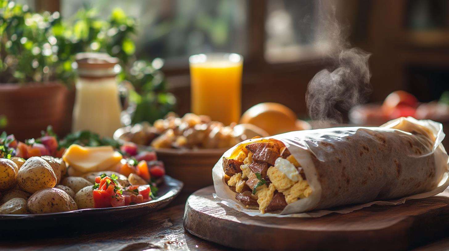 A breakfast burrito surrounded by fresh ingredients like potatoes, eggs, and cheese, with coffee and juice in the background.