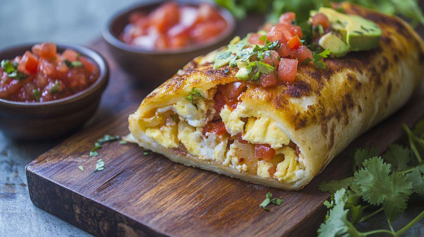 A delicious breakfast burrito cut open to reveal golden potatoes, eggs, cheese, and fresh toppings.