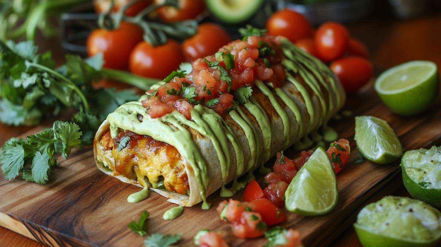 A breakfast burrito with sauces and fresh ingredients.