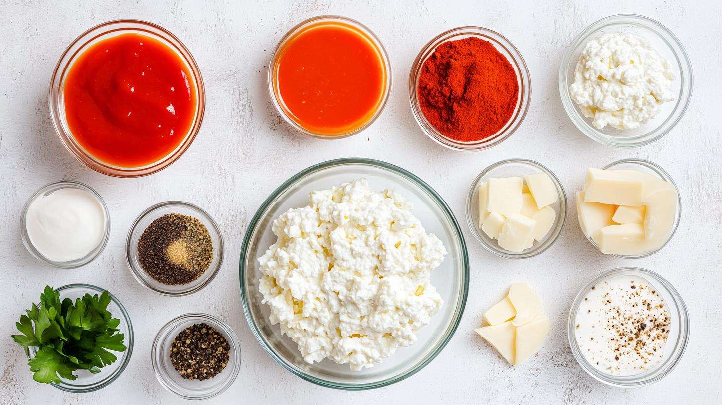 Ingredients for making Buffalo chicken dip with cottage cheese.