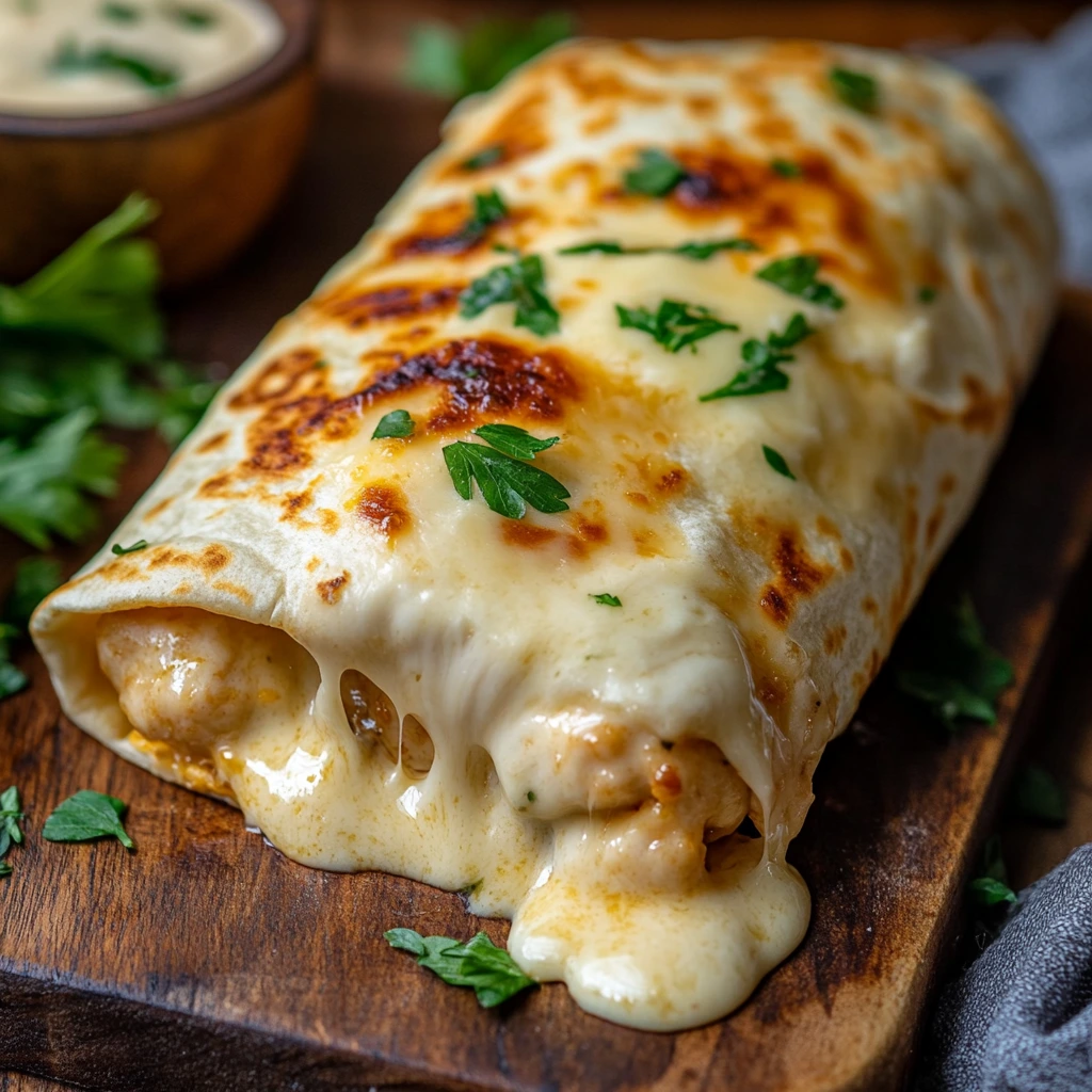 Cheesy garlic chicken wrap with melted cheese and parsley.