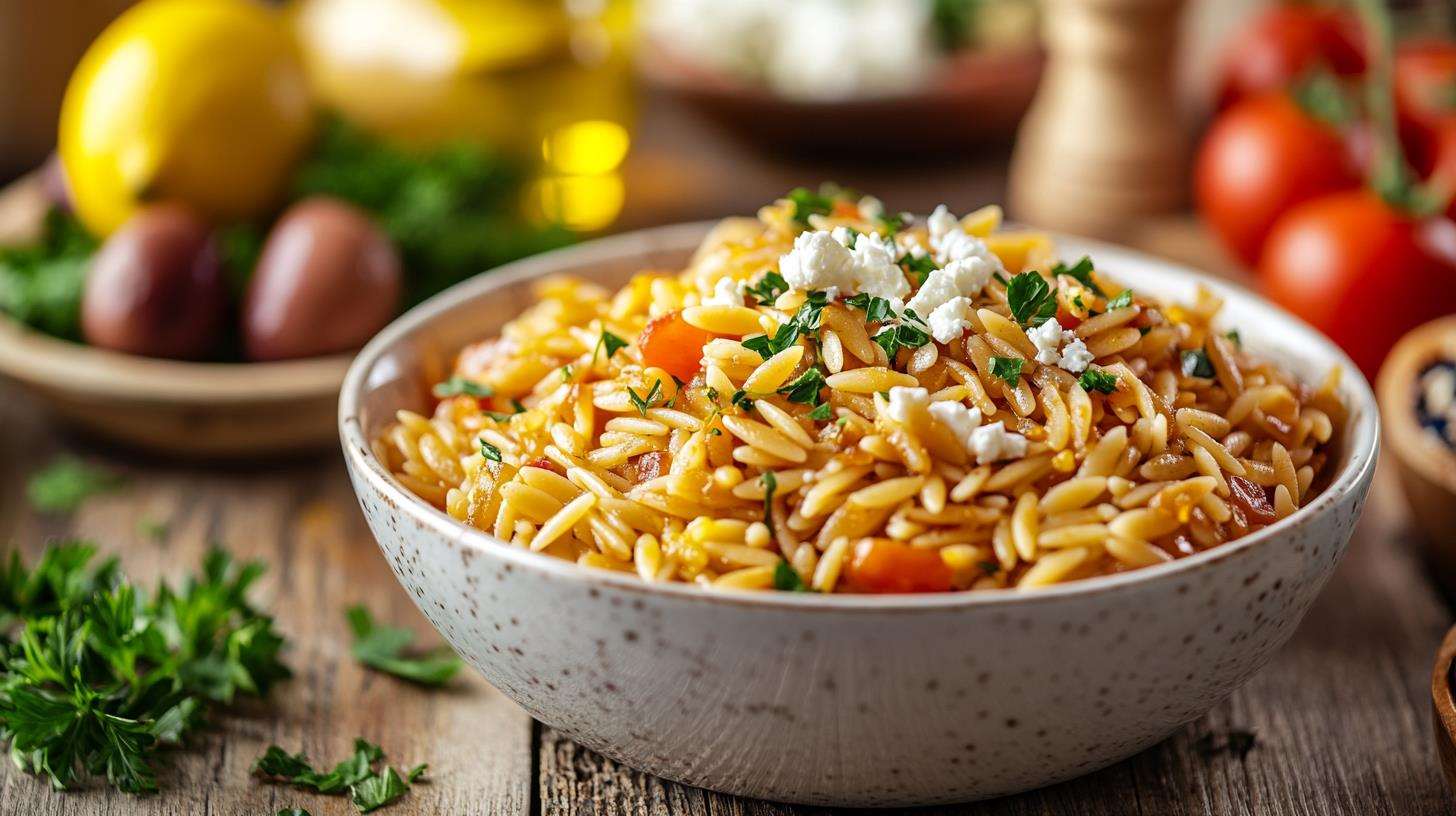 Cooked orzo in a bowl with parsley, lemon zest, and olive oil.