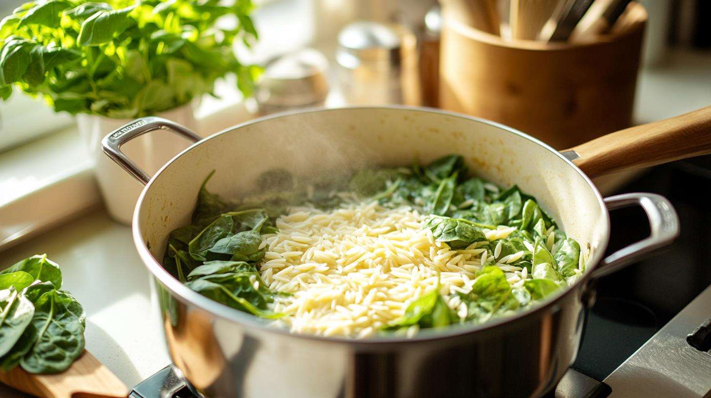 Ingredients for Parmesan Spinach Orzo cooking in a pot.