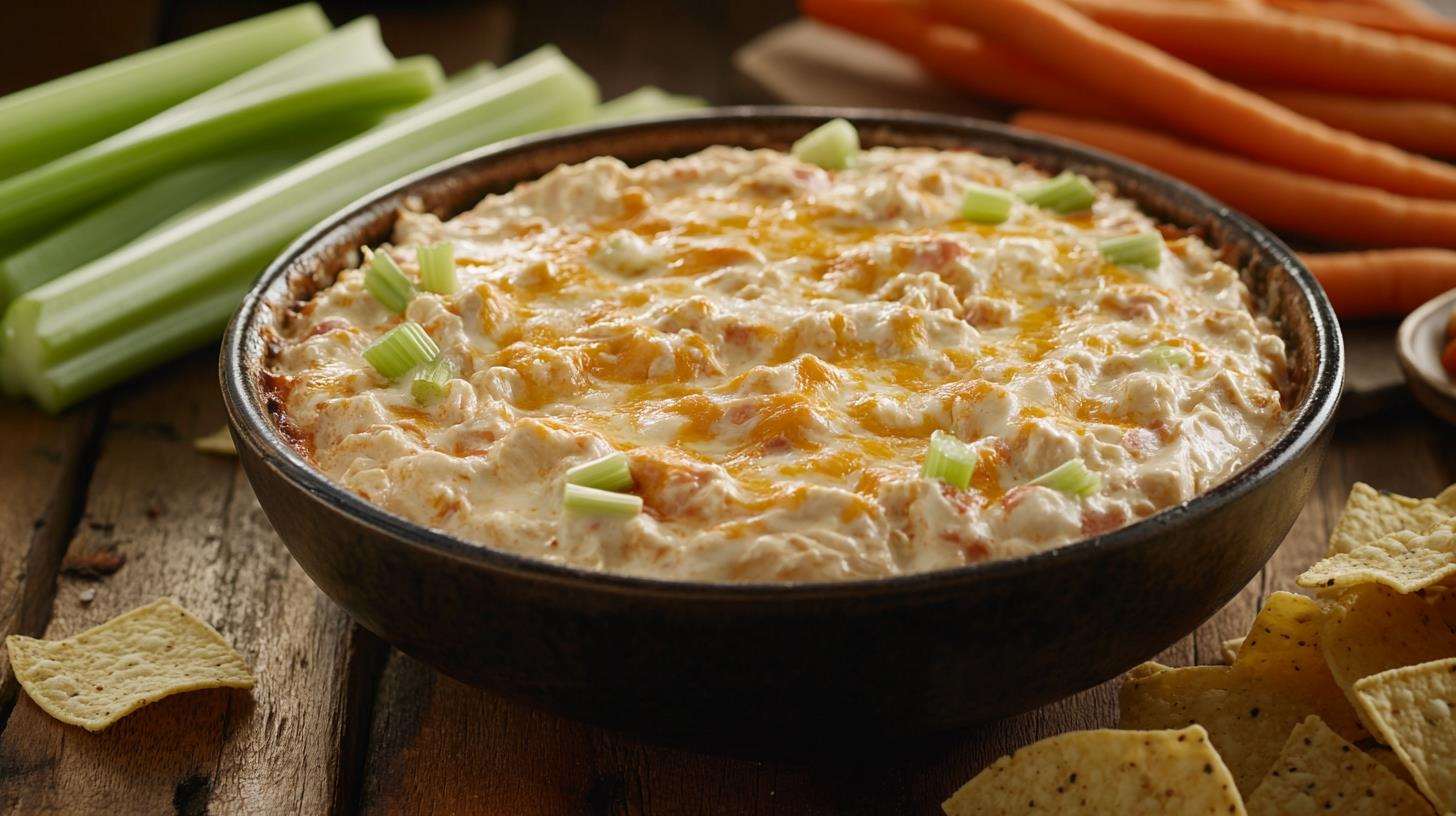 Bowl of Buffalo chicken dip with cottage cheese and dippers.