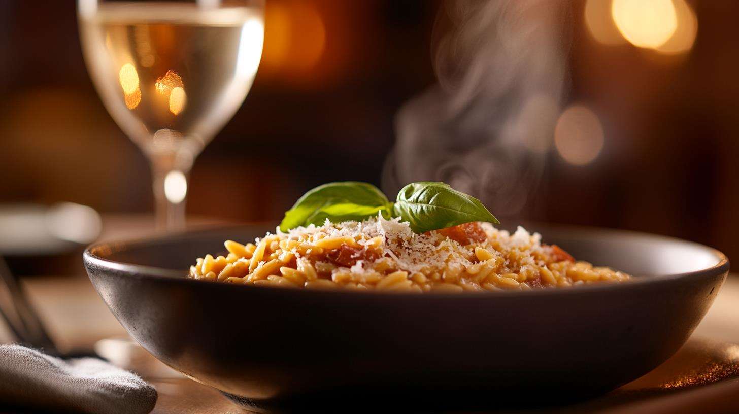 Creamy orzo risotto garnished with Parmesan and basil.