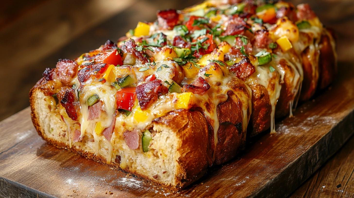 Sliced garbage bread with a variety of fillings.