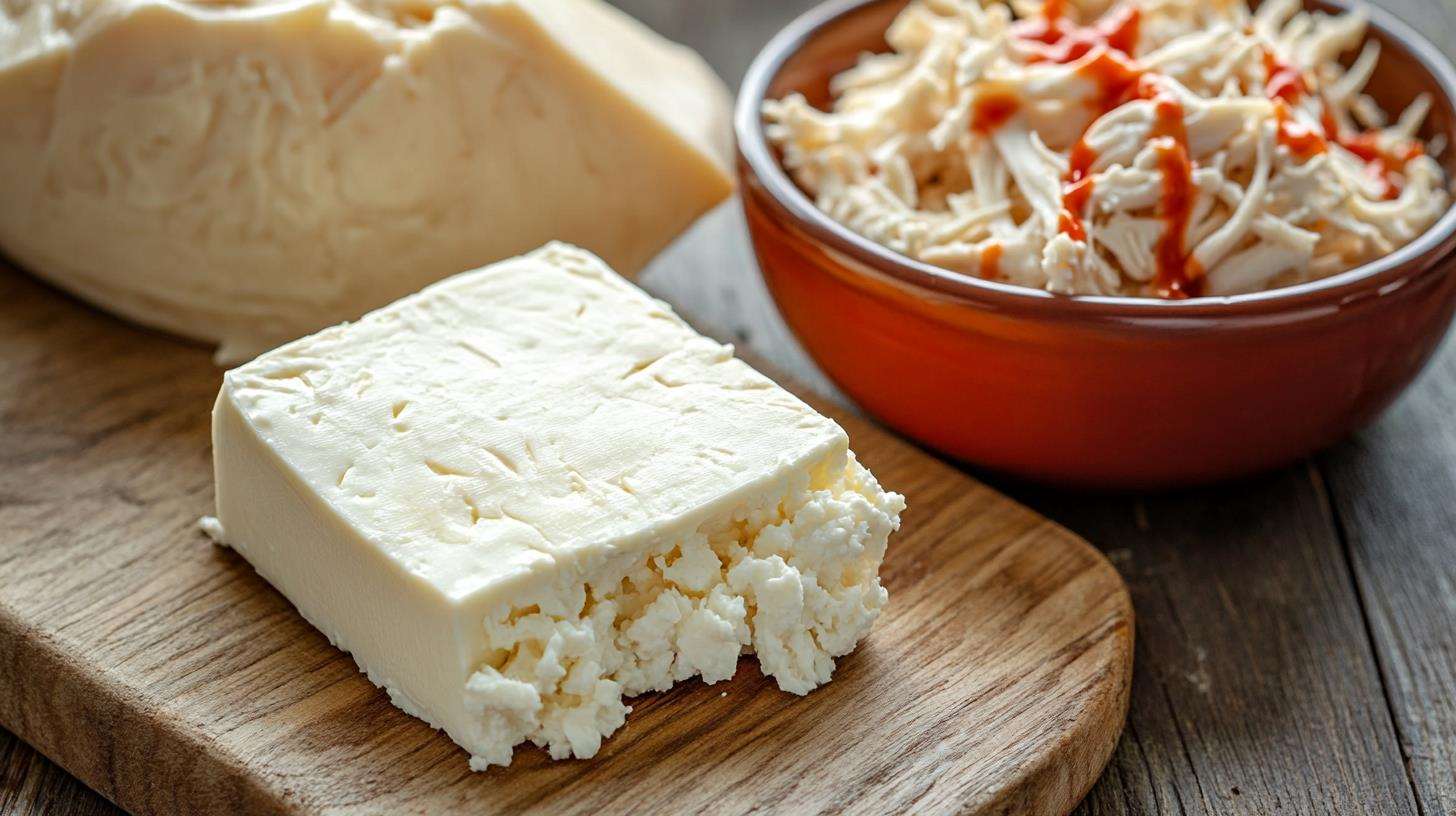 Cottage cheese alongside Buffalo chicken dip ingredients.