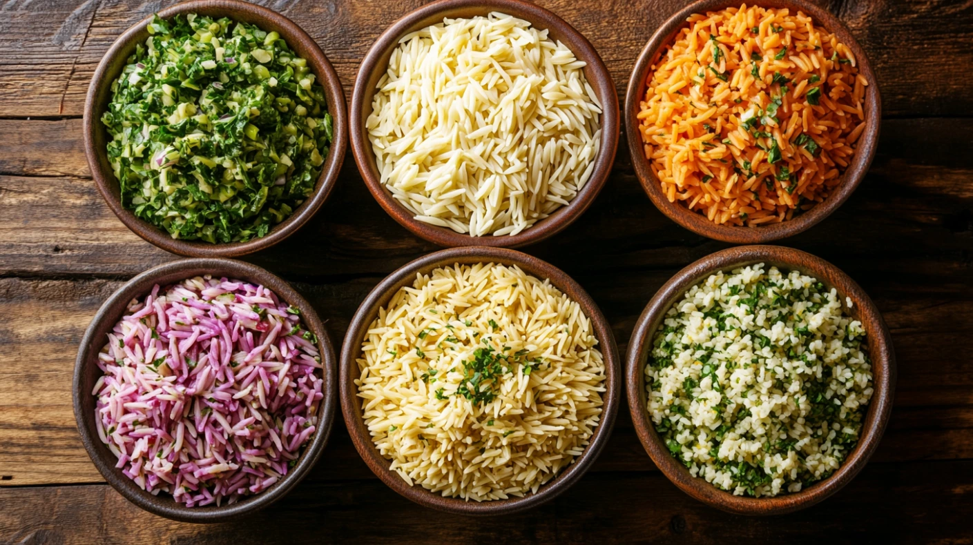 A spread of global orzo dishes on a rustic table.