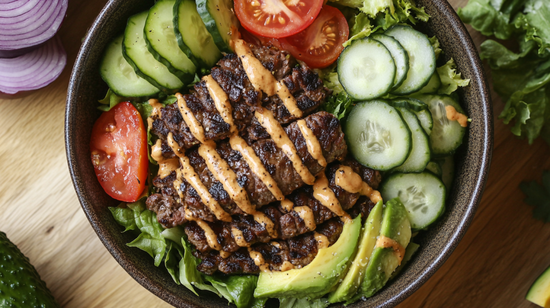 A vibrant and colorful burger bowl with fresh ingredients