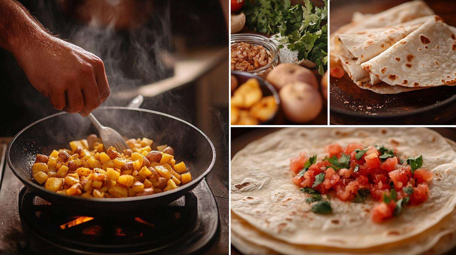 A step-by-step visual of making breakfast burritos, from cooking potatoes to assembling and rolling the burrito.