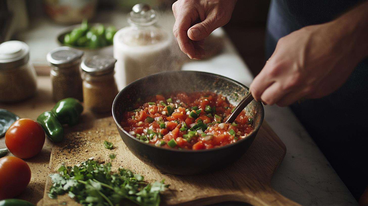 Salsa roja preparation with fresh ingredients and a blender.