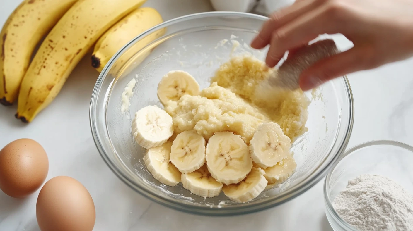 Hands mashing bananas with ingredients for banana bread nearby.