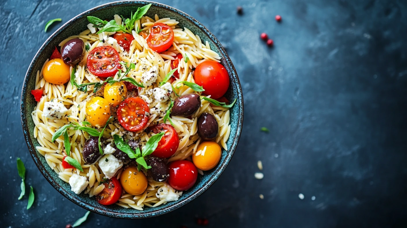 Bowl of orzo pasta with Mediterranean ingredients.