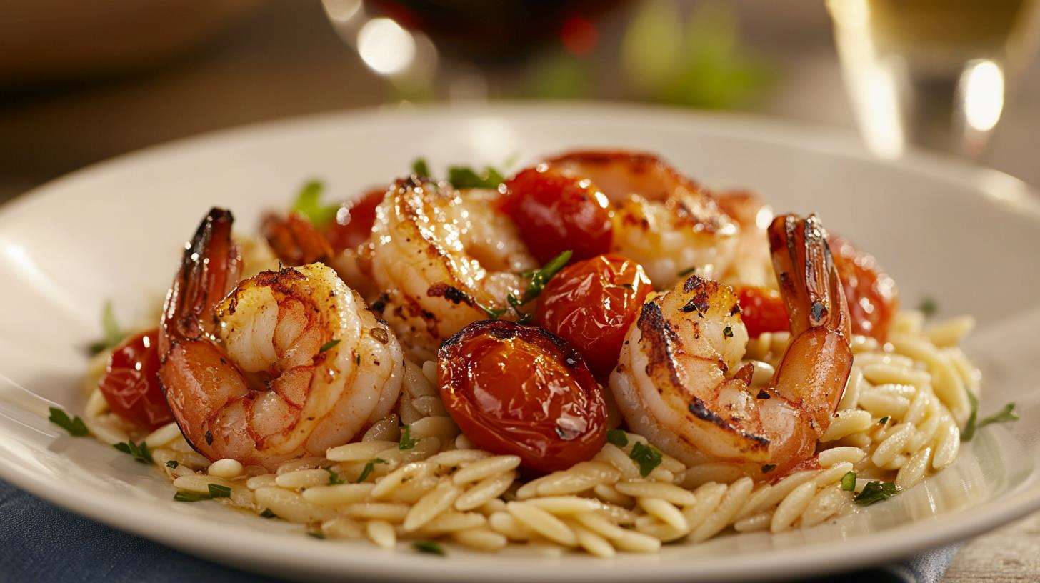 Orzo pasta with roasted tomatoes, garlic, and grilled shrimp