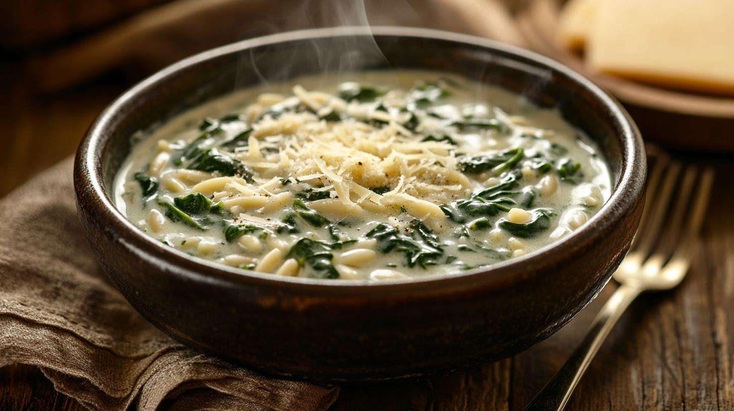 Steaming bowl of Parmesan Spinach Orzo with Parmesan shavings and fresh spinach