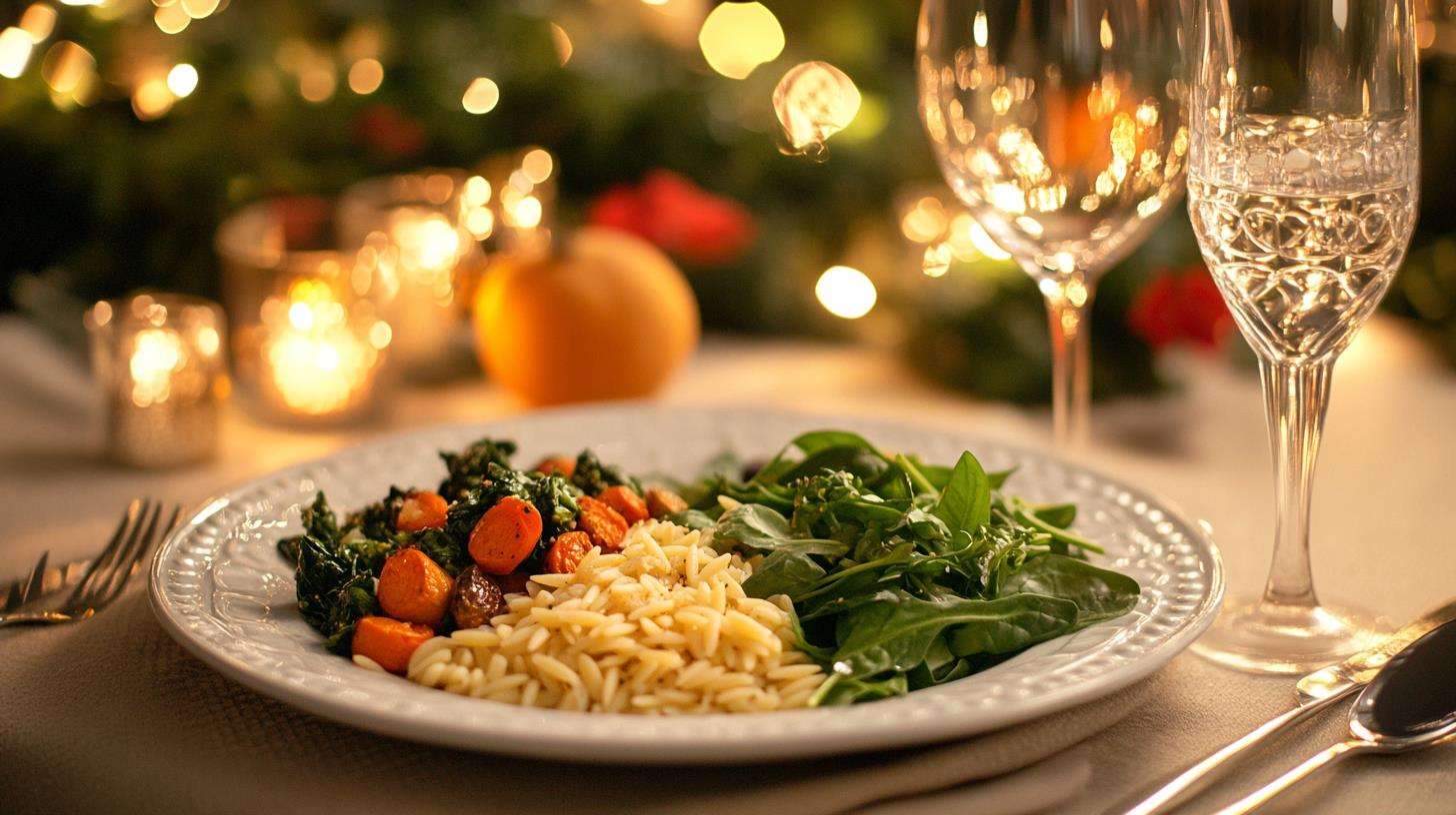 Parmesan Spinach Orzo paired with salad and roasted vegetables