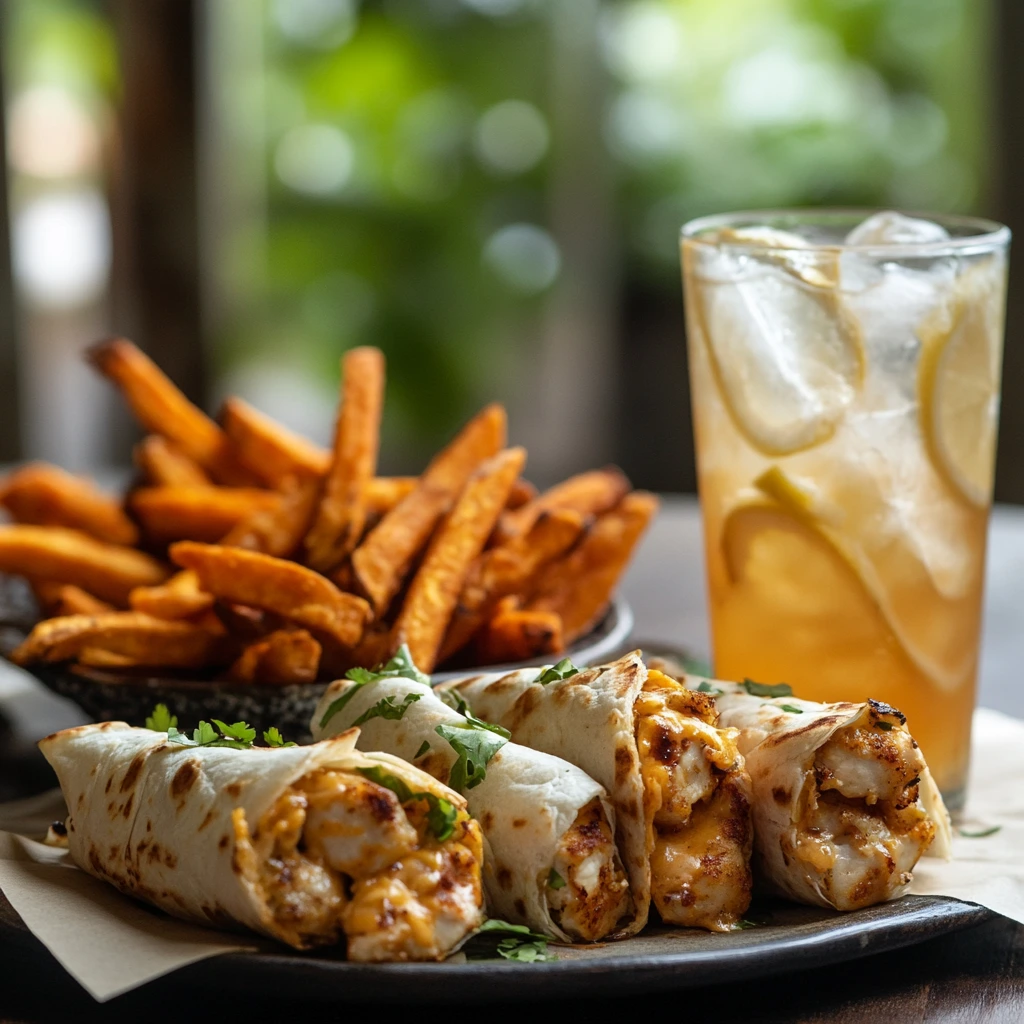 Cheesy garlic chicken wraps with sweet potato fries and iced tea.