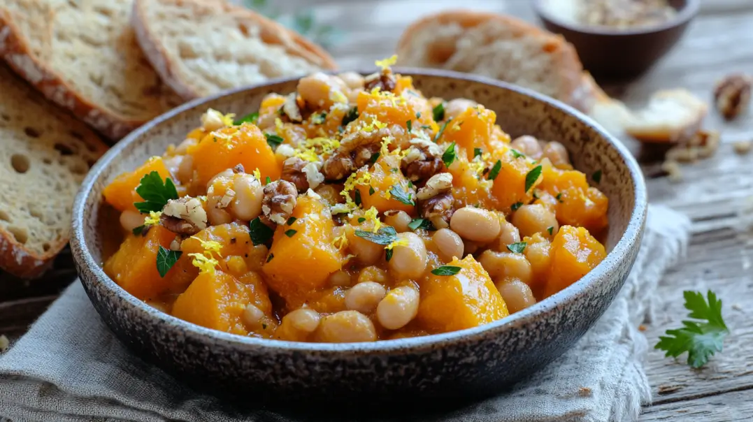 Plated Butternut Squash And Cannellini Bean Stew With Garnishes