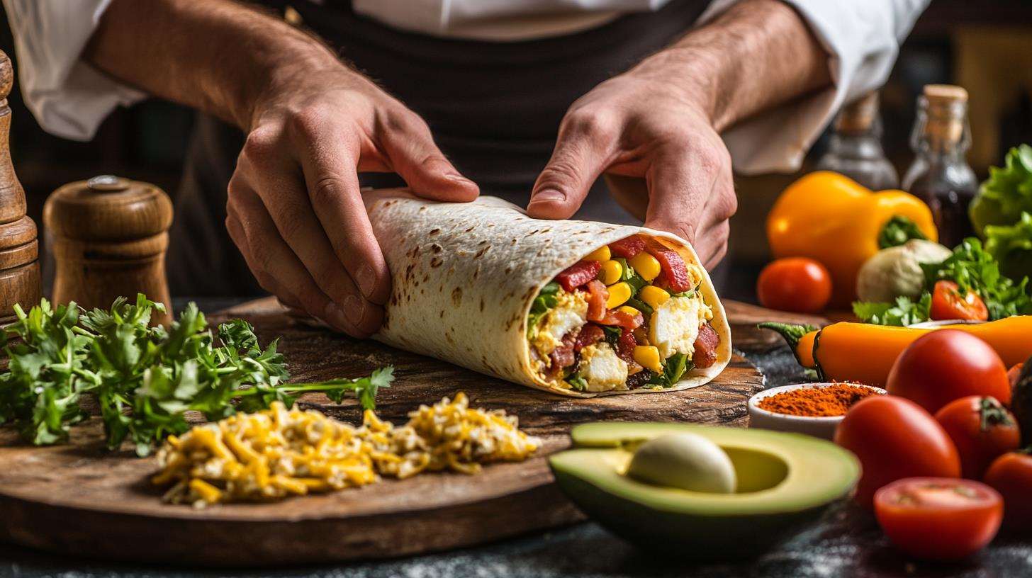 A chef preparing a breakfast burrito with fresh ingredients.