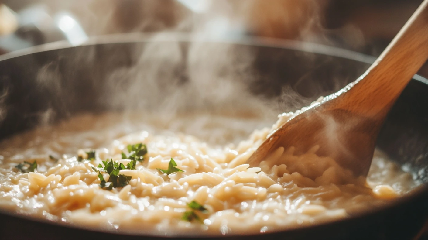 What is special about orzo? Orzo being cooked risotto-style in a skillet.