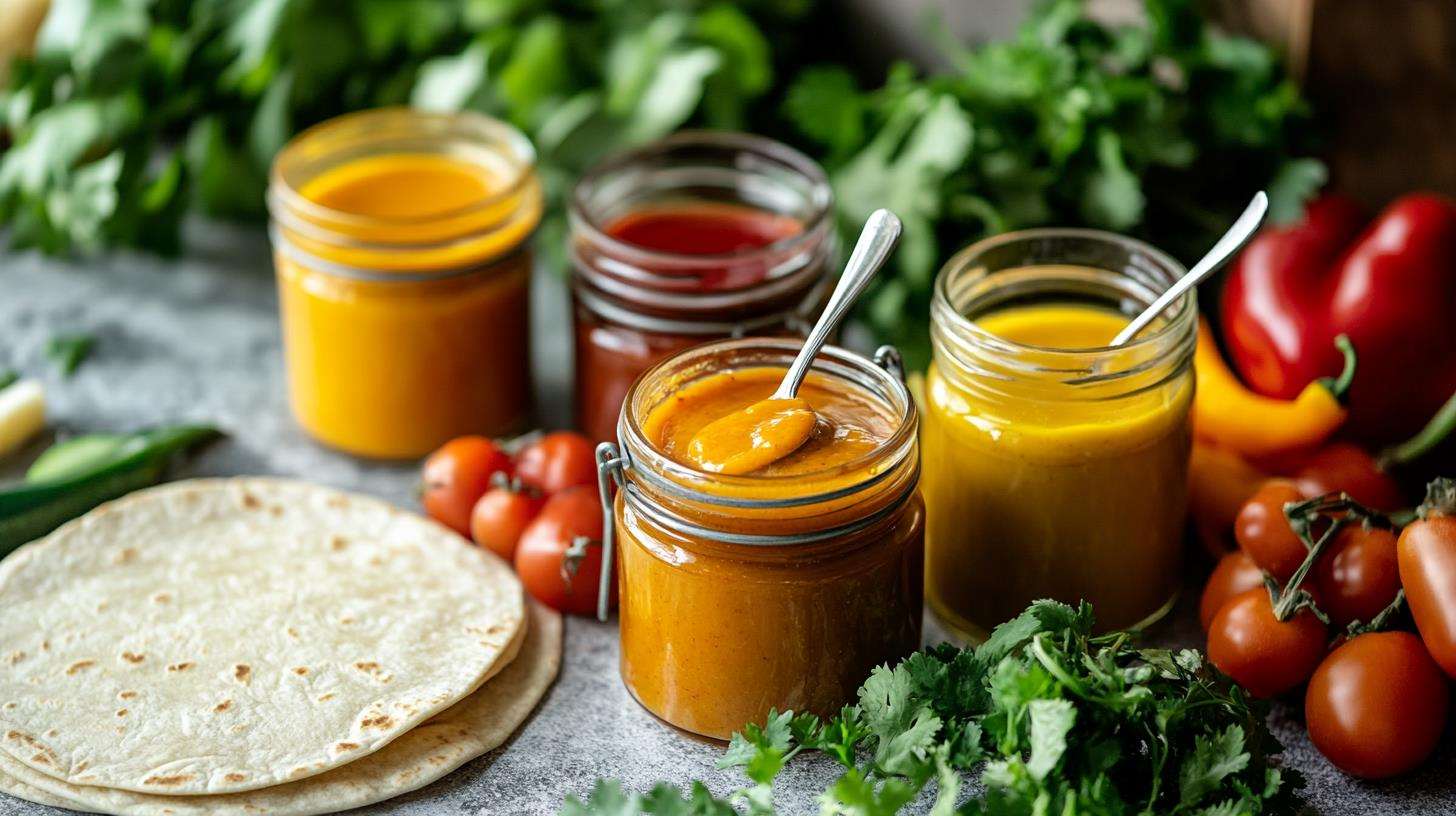 Jars of breakfast burrito sauces stored in a fridge.