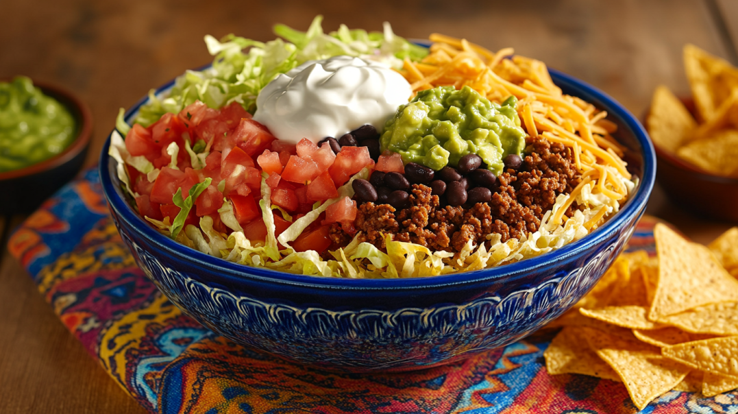 Taco-style burger bowl with ground beef and fresh toppings