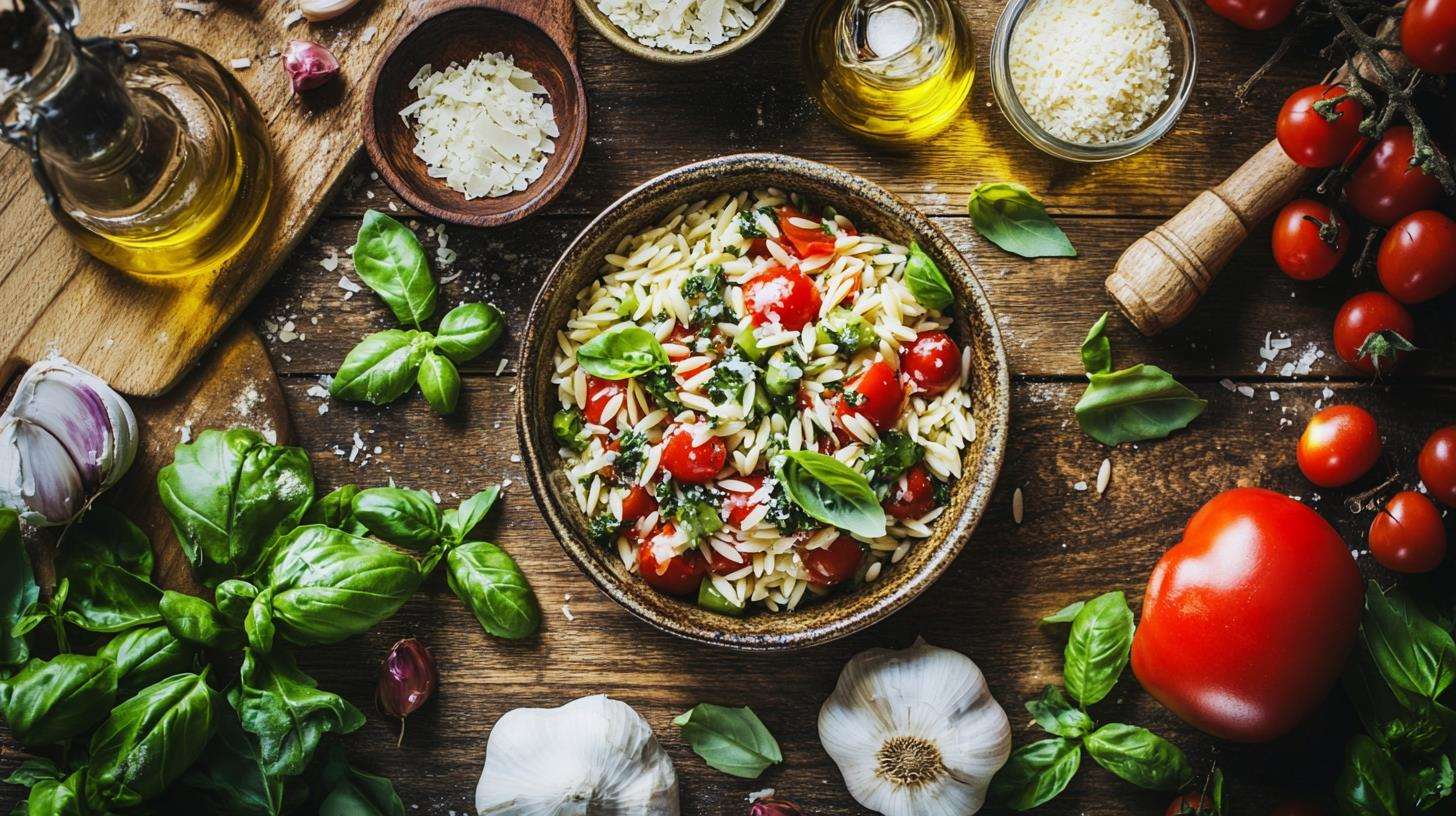 Do Italians eat orzo? Rustic Italian kitchen table with a bowl of orzo pasta and traditional ingredients