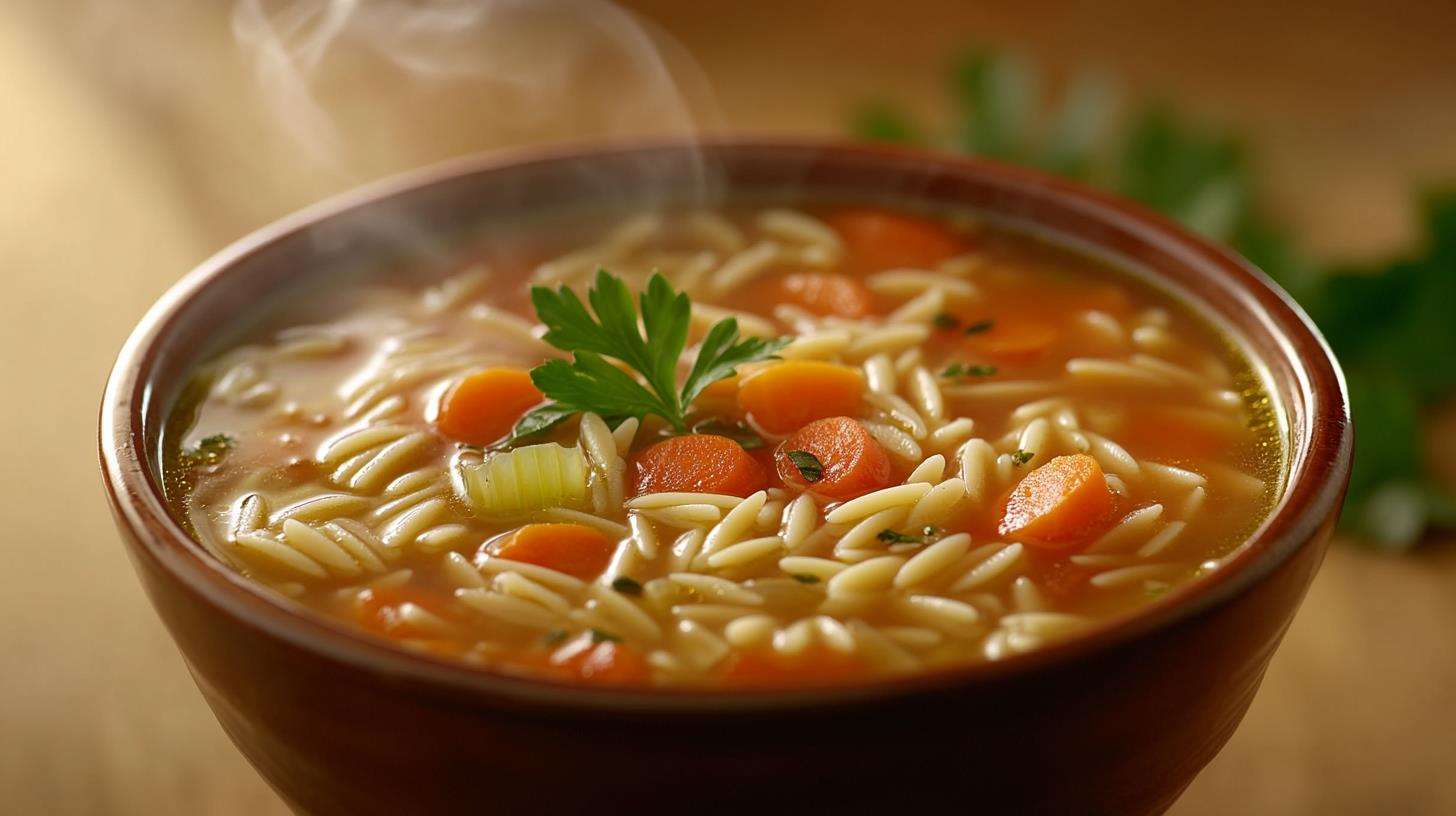 Minestrone soup with orzo and vegetables in a ceramic bowl