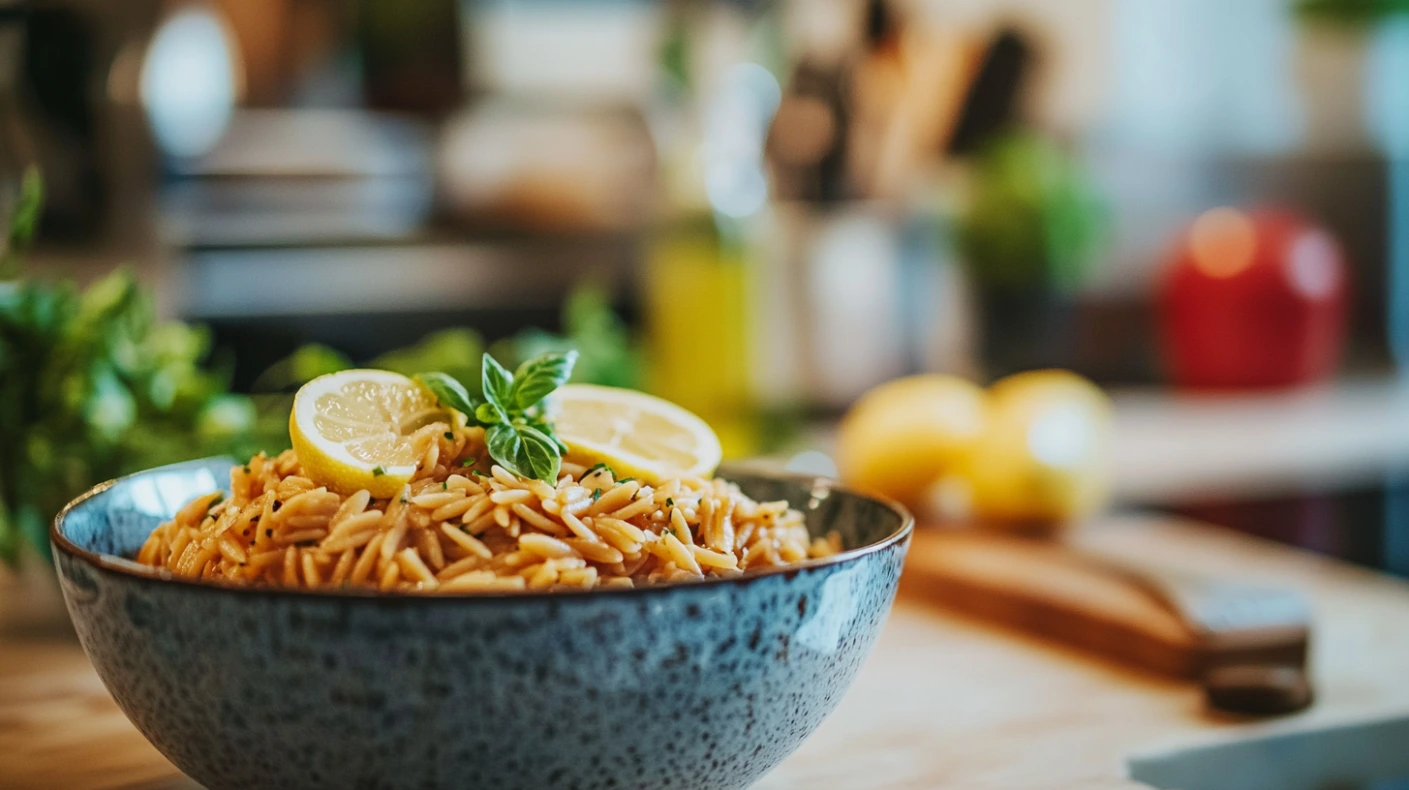 Perfectly cooked orzo served with fresh herbs in a ceramic bowl