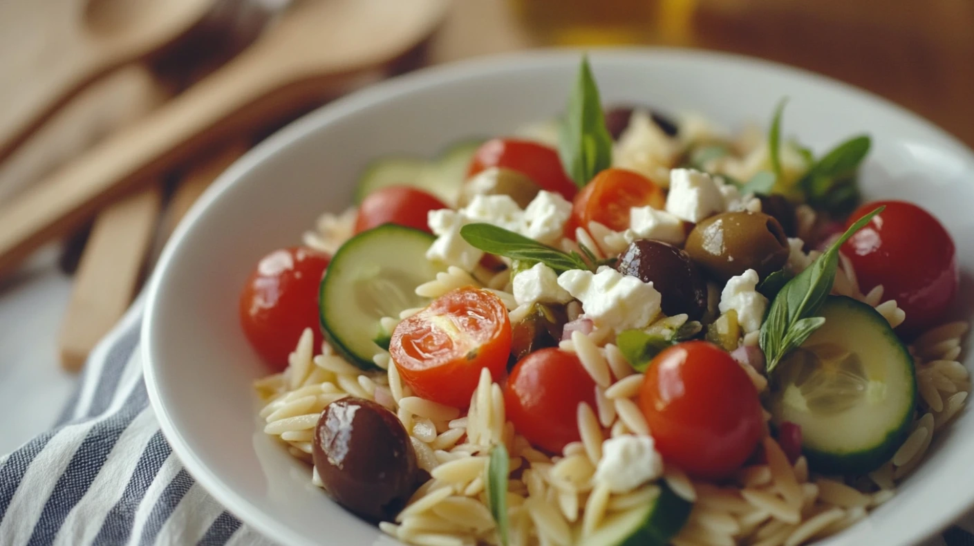 Mediterranean orzo salad with fresh vegetables and feta cheese